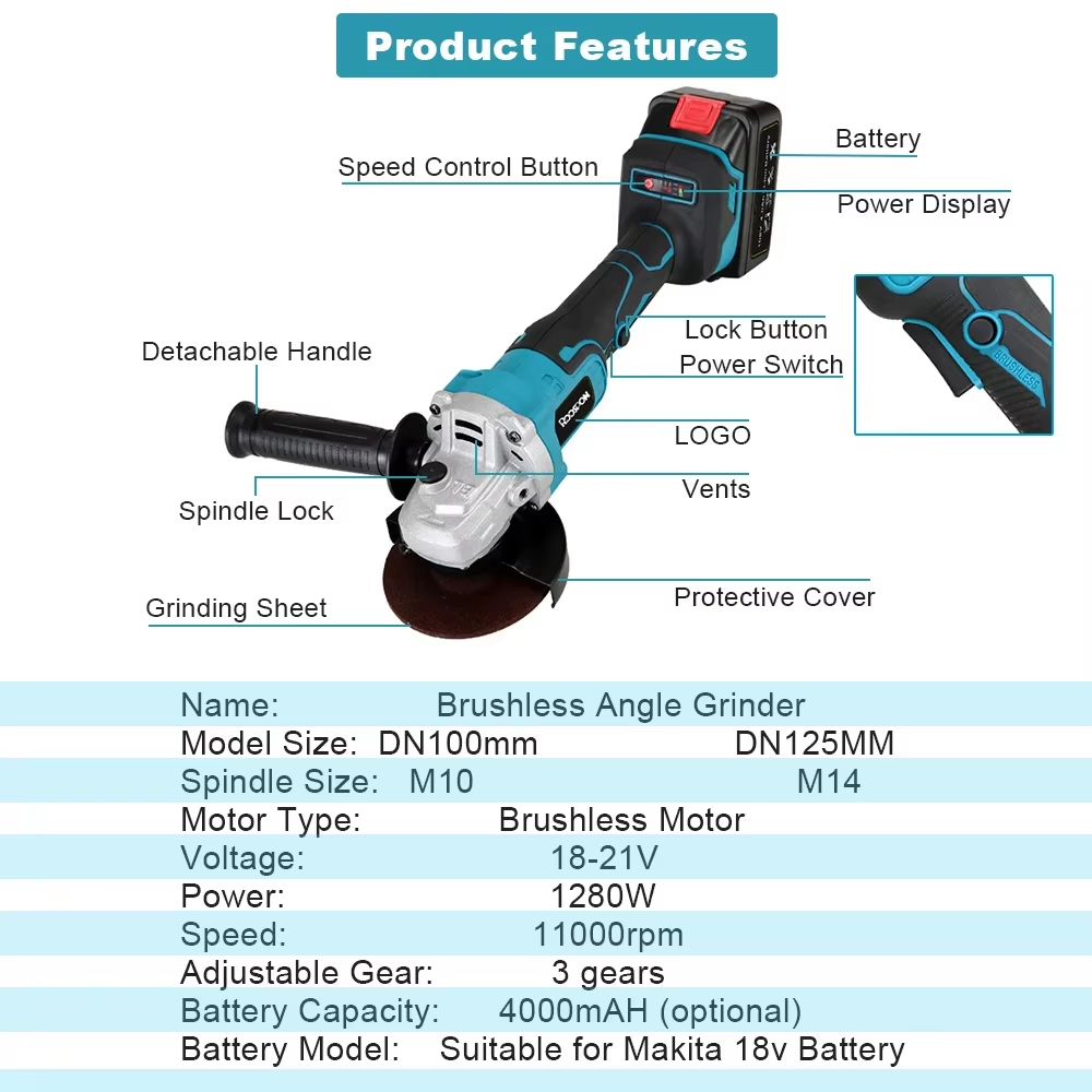 Brushless Angle Grinder Battery Powered - Szlifierka kątowa 125/100mm Bezszczotkowa Zmienna 3-biegowa