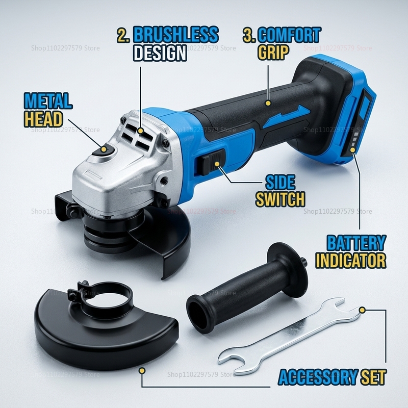 Brushless Angle Grinder Battery Powered - Akumulatorowa szlifierka kątowa bezszczotkowa 18V, kompatybilna